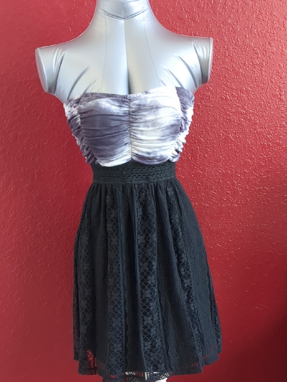 LUNA Chix Strapless Lavender Ruched Bodice Dress with Black Lace Skirt